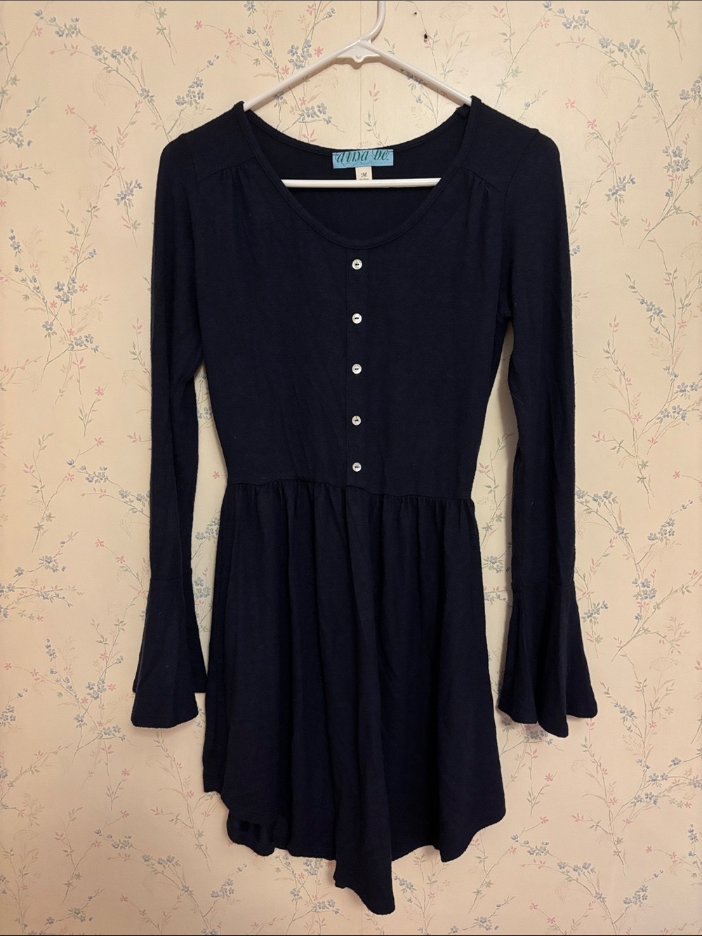 Navy Button-Front Scoop Neck Long Sleeve Dress
